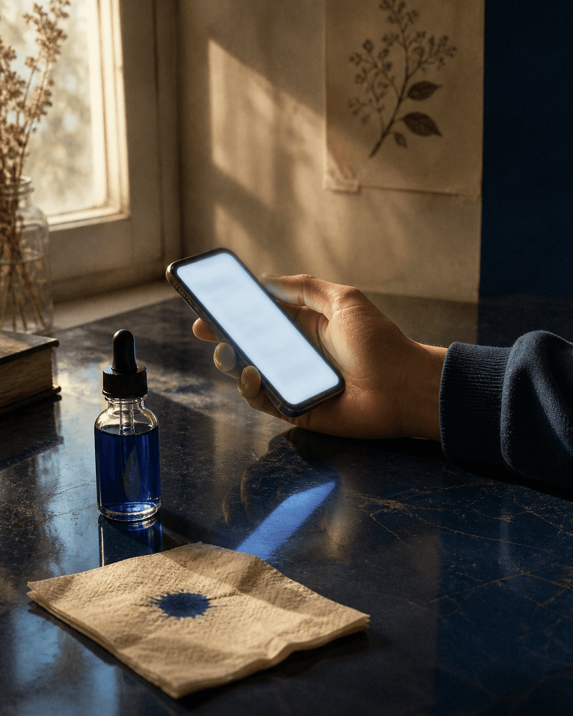 Bir el akıllı telefon tutarken yanında mavi sıvı şişesi