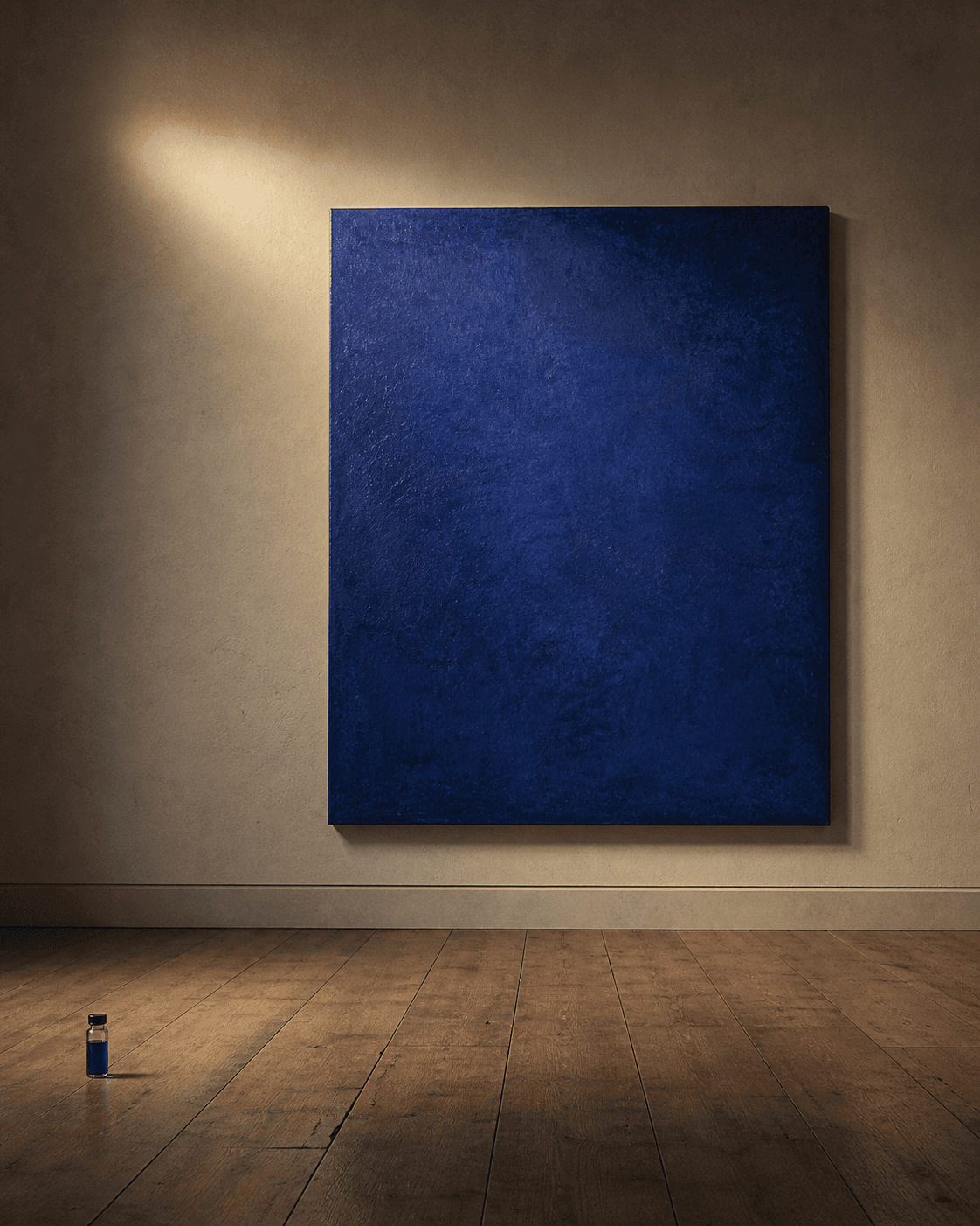Galeri duvarında saf indigo monokrom tablo